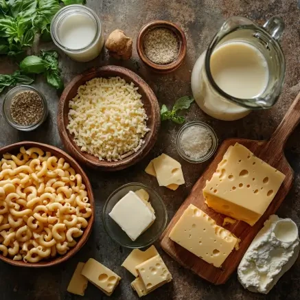 Flat lay of mac and cheese ingredients: elbow macaroni, shredded cheese (cheddar and Swiss), cheese slices, butter, milk, cream, salt, pepper, fresh basil, and nutmeg, beautifully arranged on a rustic surface. Perfect for a creamy homemade mac and cheese recipe.