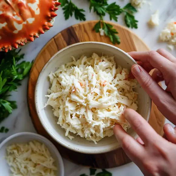 Preparing fresh crab meat: carefully shredding and cleaning crab meat in a bowl, ready to be used for the crab brûlée recipe.