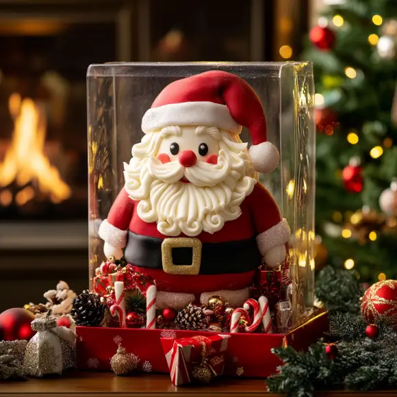 Beautifully decorated Santa Claus cake wrapped in a festive gift box with a clear lid, adorned with a red ribbon and holiday-themed accents, perfect for gifting during Christmas.