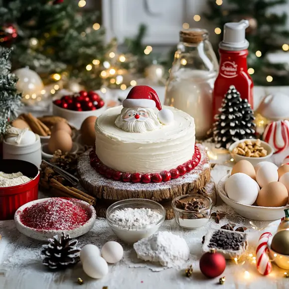 Flat lay of ingredients for a Santa Claus cake: flour, sugar, eggs, butter, vanilla extract, red and white frosting, chocolate chips, whipped cream, and food coloring, arranged on a festive kitchen countertop.