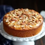 Freshly baked almond nut cake with a golden crust, garnished with whole almonds and a sprinkle of powdered sugar, displayed on a rustic wooden table.