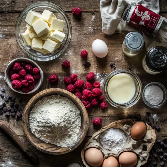 Beautifully decorated raspberry and white chocolate cupcakes with swirls of frosting, fresh raspberries, and white chocolate curls, displayed on a rustic wooden table.