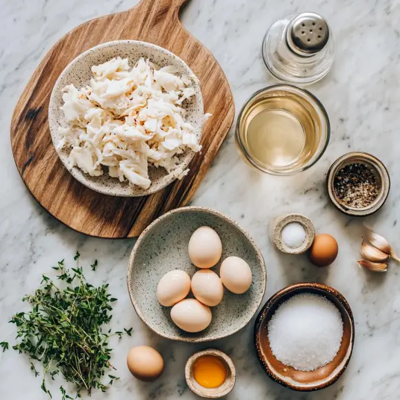 Flat lay of crab brûlée ingredients: fresh crab meat, heavy cream, eggs, grated Parmesan, garlic, salt, pepper, and sugar, arranged on a wooden kitchen countertop.