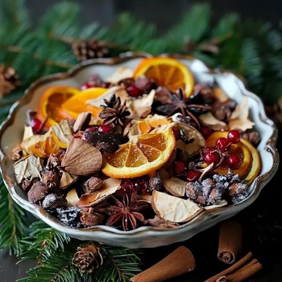 Flat lay of potpourri recipe ingredients: dried orange slices, cinnamon sticks, star anise, cloves, fresh cranberries, and sprigs of evergreen, beautifully arranged on a rustic surface.