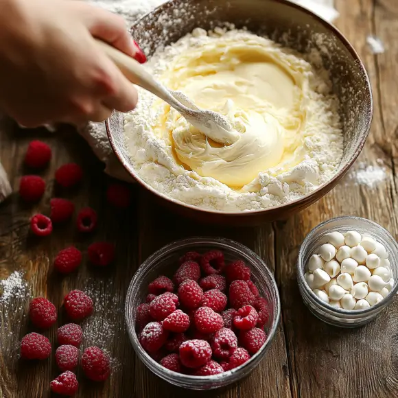 Step-by-step preparation of raspberry and white chocolate cupcakes: mixing batter, folding in white chocolate chunks and fresh raspberries, filling cupcake liners, and baking to golden perfection.