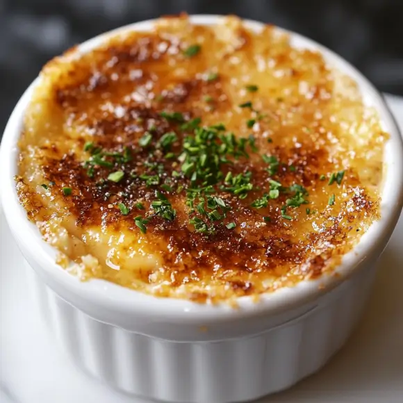 Elegant crab brûlée served in ramekins with a caramelized golden crust, topped with fresh herbs, and accompanied by crispy bread slices on a rustic plate.