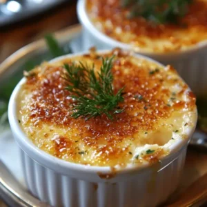 A rich and creamy crab brûlée served in a ramekin, topped with a golden caramelized crust and garnished with fresh herbs.