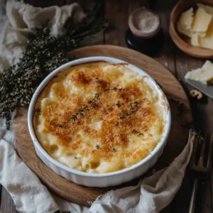 Homemade mac and cheese with creamy, cheesy pasta and a golden, crispy crust, garnished with fresh herbs, served in a rustic dish