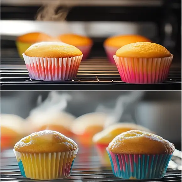 Four golden cupcakes with a perfectly baked, fluffy texture, cooling on a wire rack, ready to be frosted and decorated.