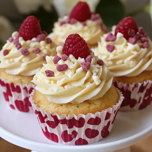 Delicate raspberry and white chocolate cupcakes topped with creamy frosting, fresh raspberries, and white chocolate shavings.