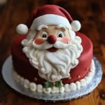 A festive Santa Claus cake featuring a jolly face with a red hat, white beard, and edible decorations, perfect for holiday celebrations.