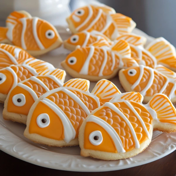 Freshly baked orange fish-shaped cookies with a golden-brown crust, topped with a light glaze and zest for added flavor.