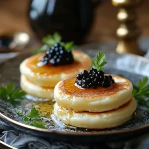 A plate of freshly made crumpets topped with a generous spoonful of luxurious caviar, creme fraiche, and a spritz of lemon, ready to serve.