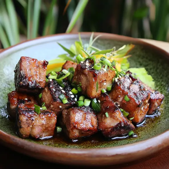 A vibrant plate of pork con tiki with marinated pork cubes, pineapple, cilantro garnish, and lime wedges, served with rice.