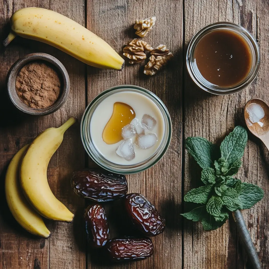 Essential ingredients for a perfect smoothie date, including fresh fruits like berries and bananas, yogurt or dairy alternatives, honey, ice, and optional add-ins like chia seeds or spinach, arranged on a countertop.