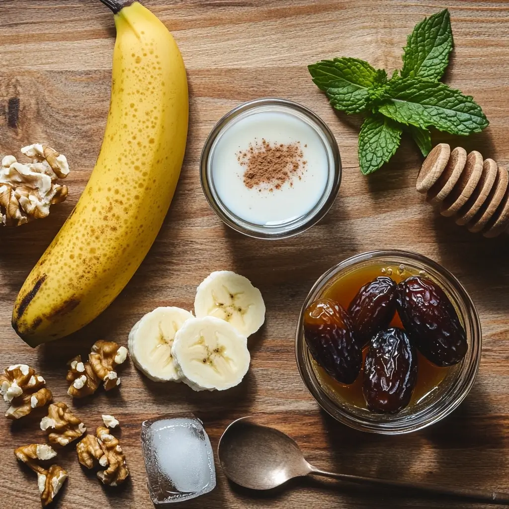 Key ingredients for a perfect smoothie date, featuring fresh fruits, yogurt or almond milk, honey, ice cubes, and optional extras like chia seeds, spinach, and protein powder, beautifully displayed on a wooden counter.