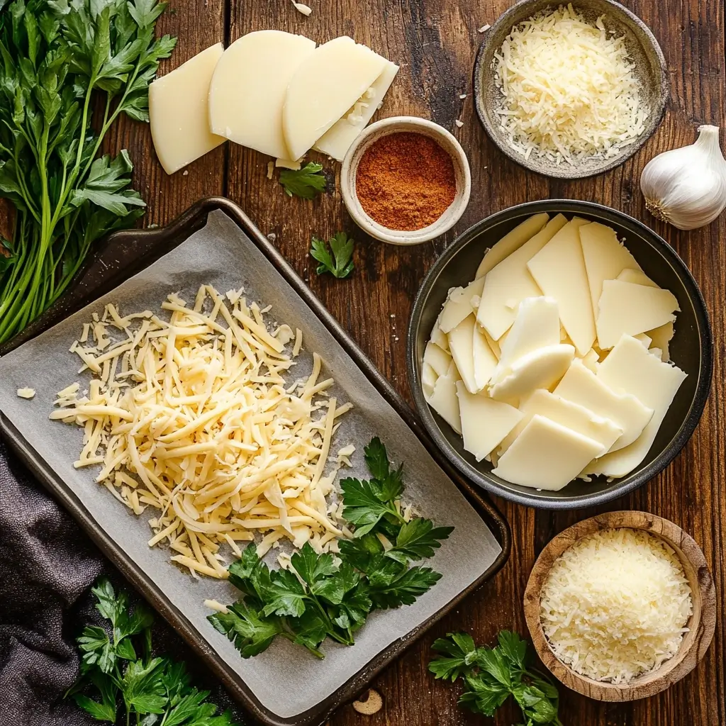 Close-up of essential ingredients for cheese chips, featuring grated cheese, crispy chips, and seasoning spices on a countertop.