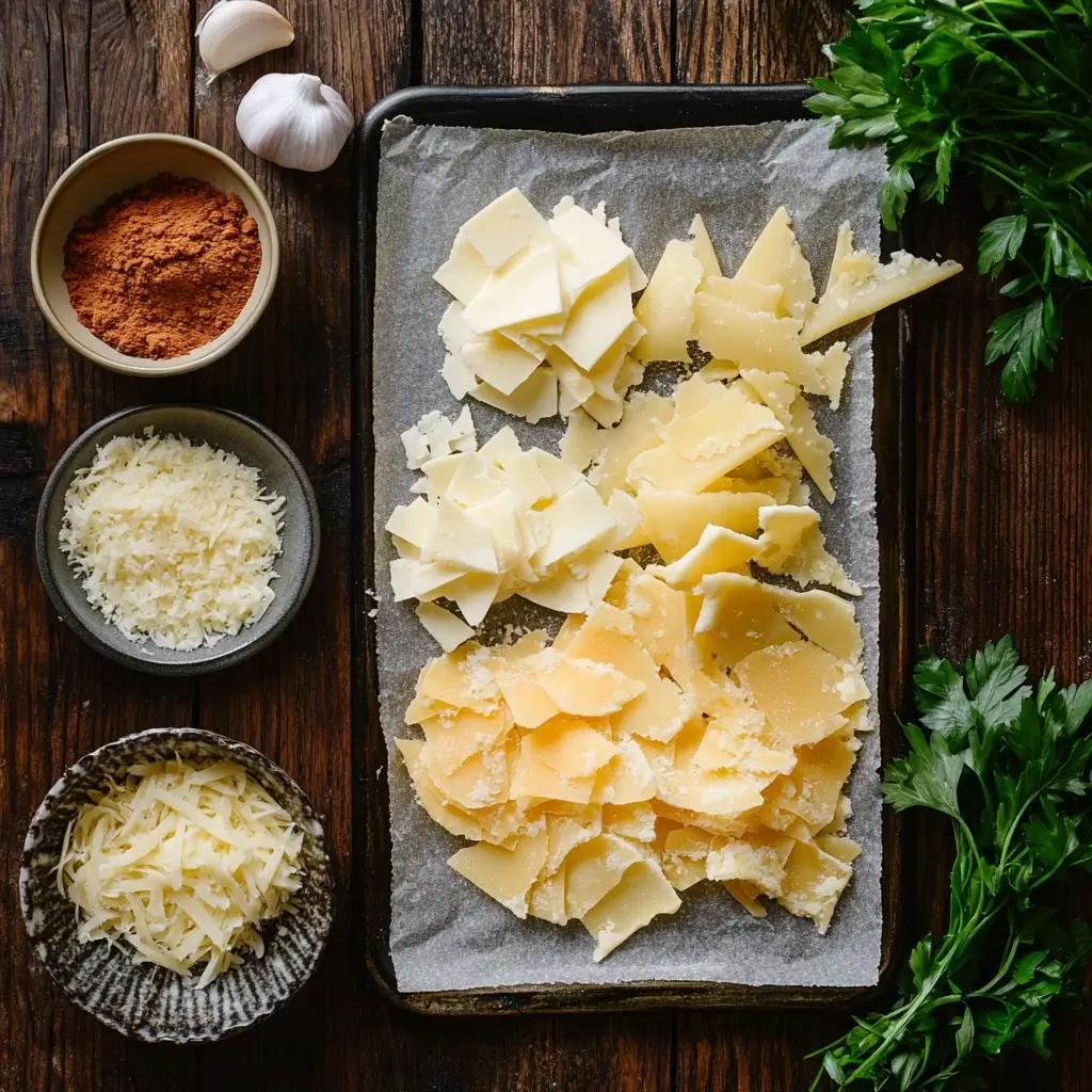 Essential ingredients for making cheese chips, including shredded cheese, tortilla chips, and seasonings.