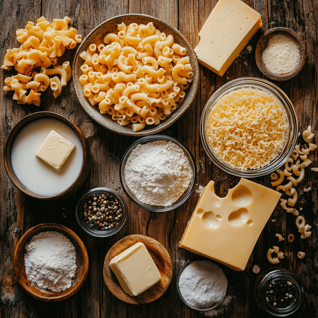 Essential ingredients for Tini's mac and cheese: elbow macaroni, shredded cheddar cheese, cream, butter, milk, garlic powder, paprika, salt, and pepper, neatly arranged on a kitchen countertop.