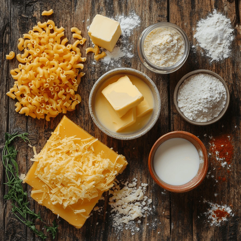 Key ingredients for Tini's mac and cheese: elbow pasta, rich cheddar cheese, creamy butter, fresh milk, and a selection of spices including garlic powder and paprika, ready for preparation.