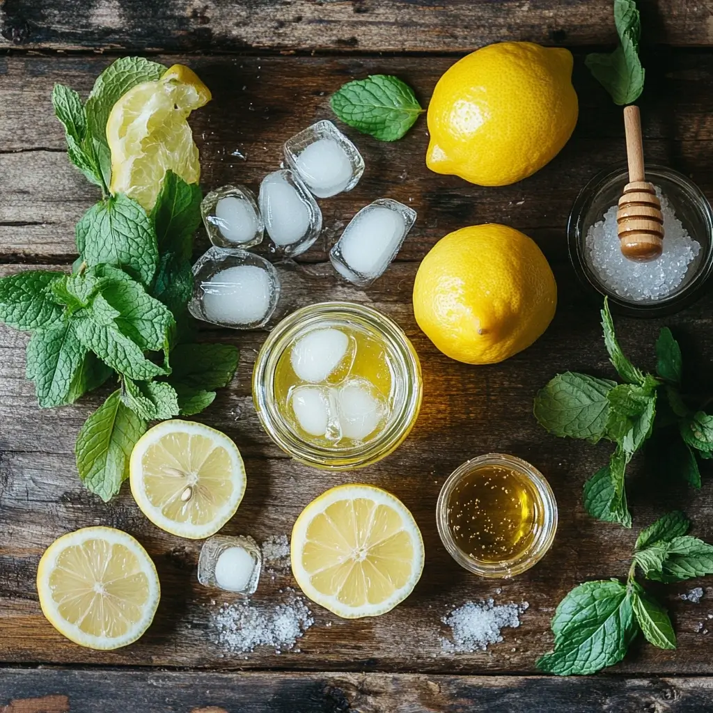 Ingredients for a perfect lemonade mocktail, including fresh lemons, mint leaves, honey or natural sweeteners, sparkling water, and ice, arranged on a countertop.