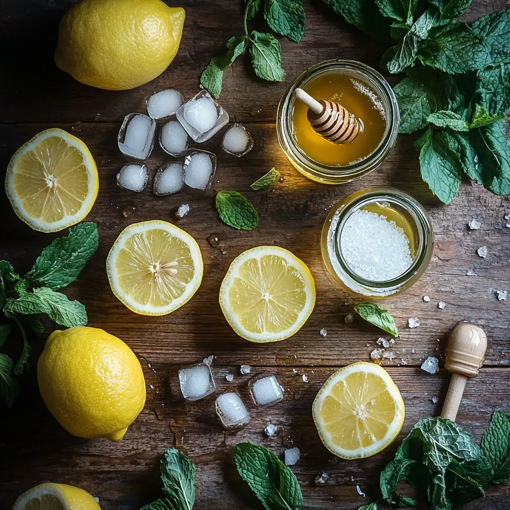 "Fresh ingredients for a perfect lemonade mocktail, featuring ripe lemons, mint leaves, honey, sparkling water, and ice cubes, beautifully displayed on a rustic countertop.
