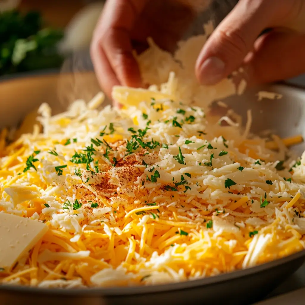 Preparing cheese chips by melting shredded cheese over crispy tortilla chips on a baking sheet.