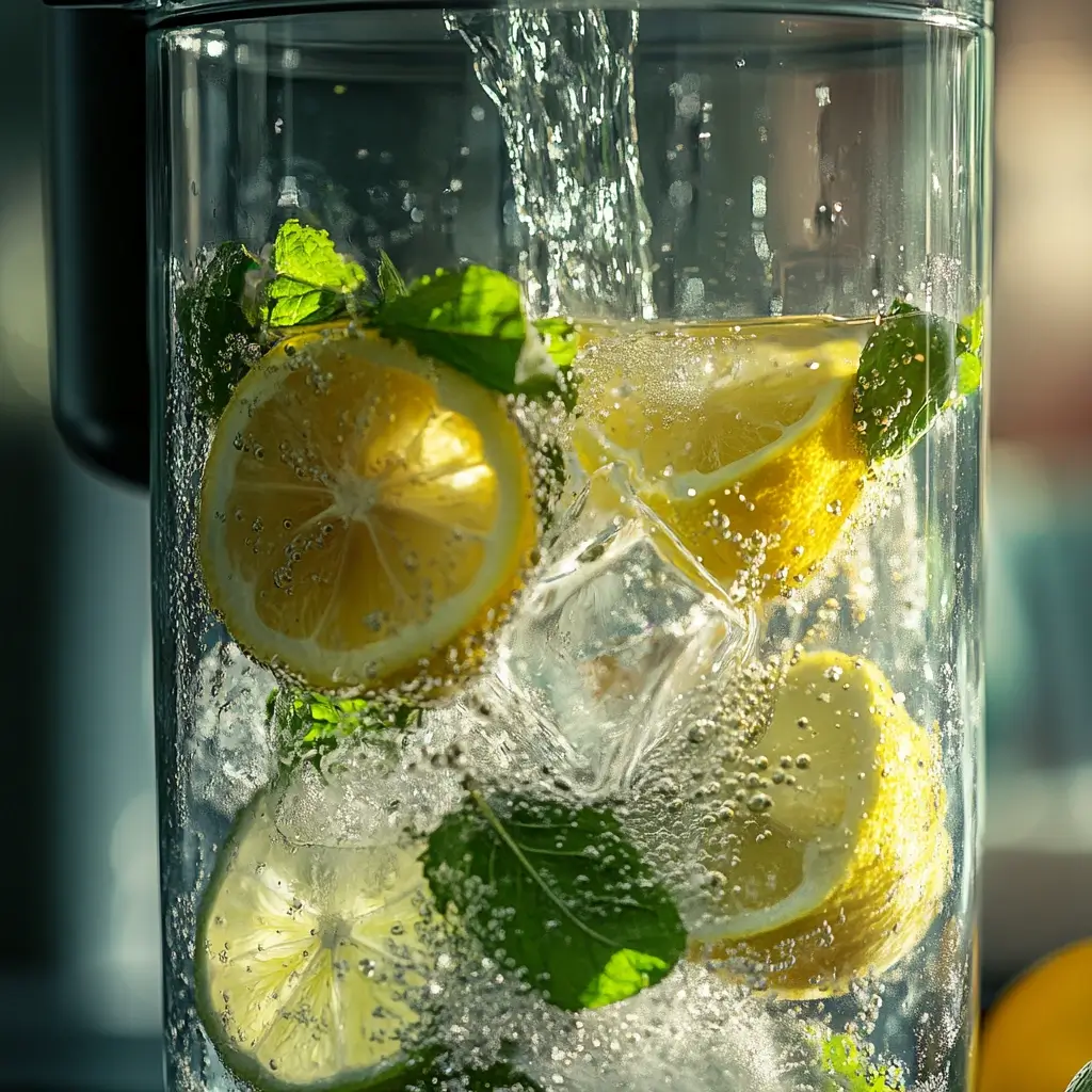 Preparing a lemonade mocktail by mixing fresh lemon juice, honey, and mint leaves, adding ice and sparkling water, and stirring in a glass.