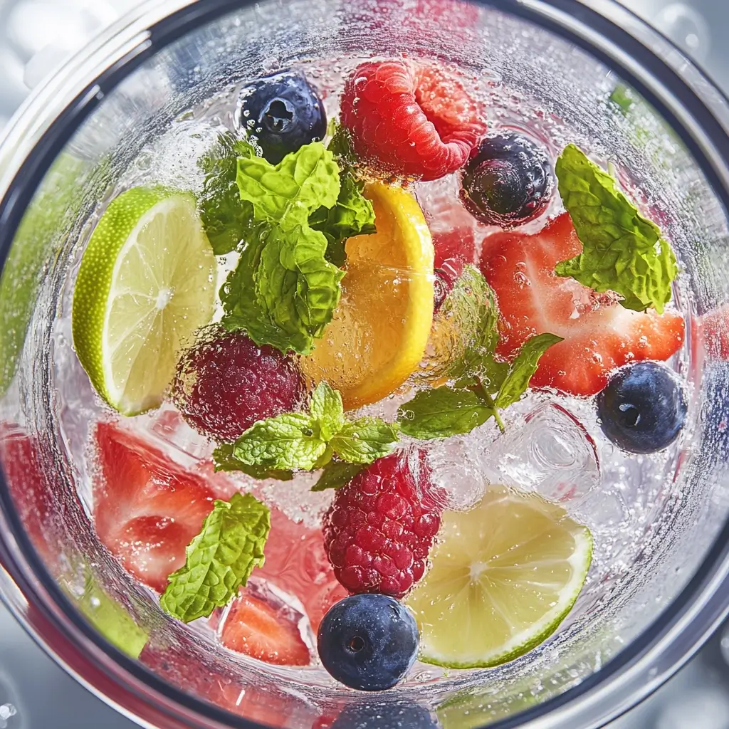 Preparing sugar-free mocktails with fresh fruits, herbs, sparkling water, and natural sweeteners, mixing ingredients in a glass with a garnish of mint leaves and citrus slices.