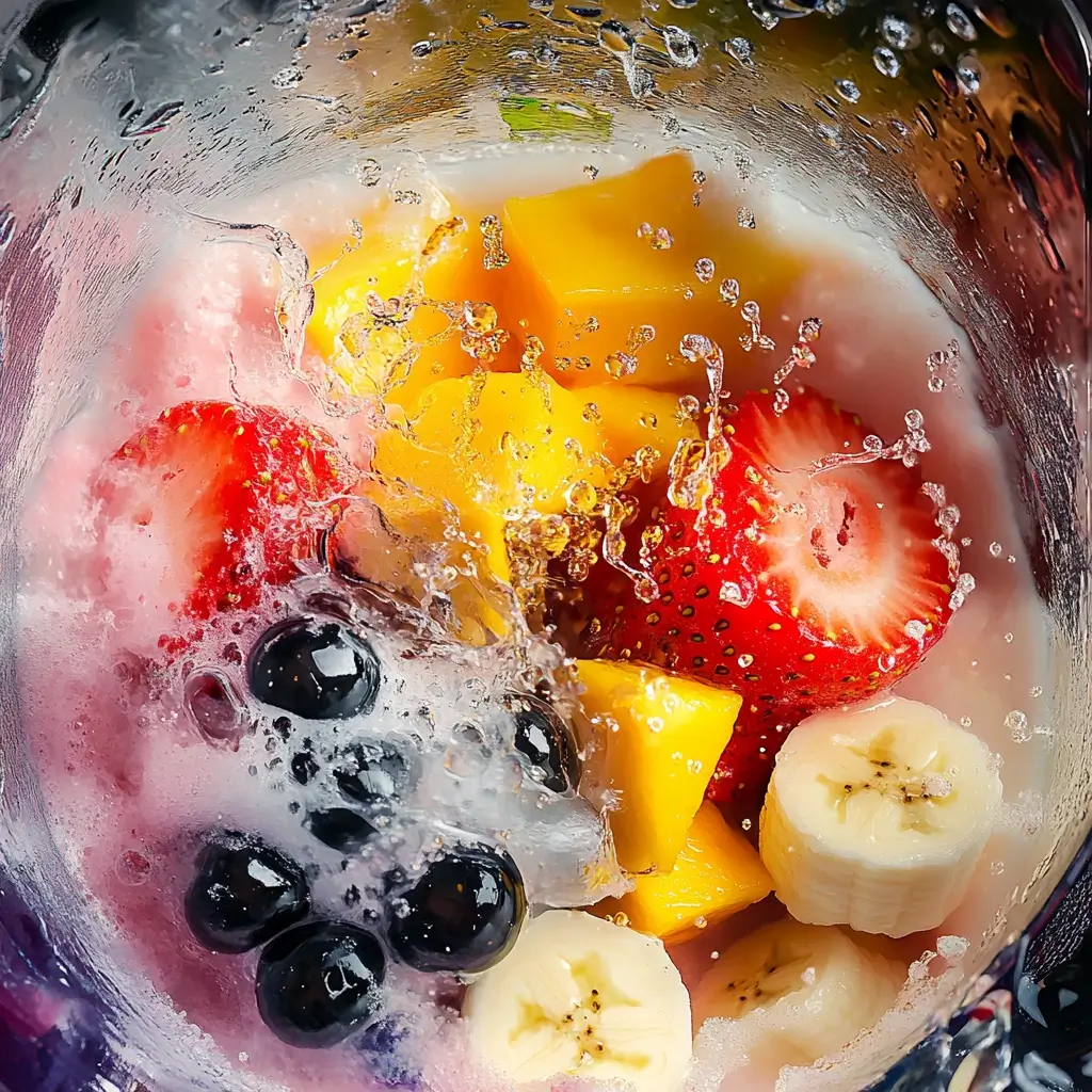Preparing a perfect boba smoothie by blending fresh fruit, milk, ice, and sweeteners, while adding cooked tapioca pearls into a glass.