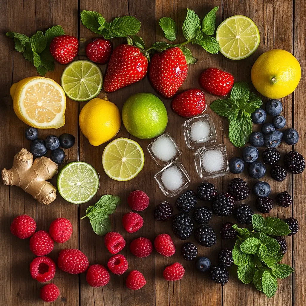 Ingredients for sugar-free mocktails, including fresh fruits, herbs, sparkling water, natural sweeteners like stevia, and citrus juices, arranged on a countertop.