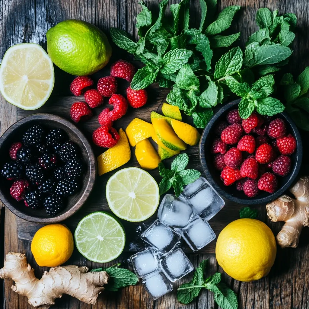 Fresh ingredients for sugar-free mocktails, featuring vibrant fruits, mint leaves, sparkling water, and natural sweeteners like stevia, beautifully displayed on a wooden surface.