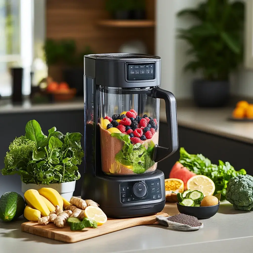 Colorful energy drink smoothies made with fresh fruits, leafy greens, and natural energy-boosting ingredients, served in tall glasses on a kitchen counter.