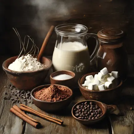 Ingredients for a perfect hot cocoa recipe, including chocolate chips, milk, cocoa powder, sugar, vanilla extract, and whipped cream, arranged on a cozy kitchen countertop.
