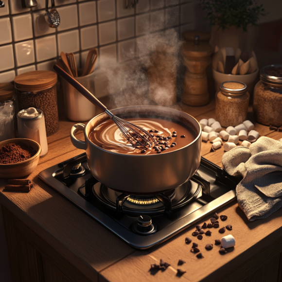 Preparing hot cocoa with chocolate chips, showing a saucepan of milk and melted chocolate being stirred, with a mug ready for serving and toppings like whipped cream and marshmallows nearby