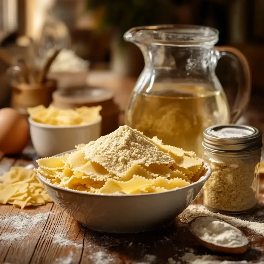 Key ingredients in mini lasagna noodles: flour, eggs, salt, water, and sometimes olive oil, shaped into smaller, bite-sized rectangles for a unique twist on traditional lasagna.