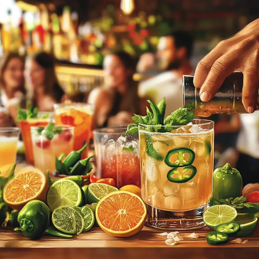 A selection of Jalbitedrinks cocktails served in elegant glasses, showcasing vibrant colors and garnishes, arranged on a bar counter.