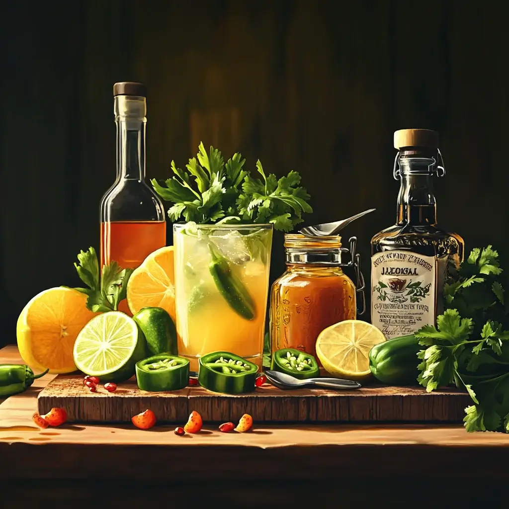 Essential ingredients for Jalbitedrinks cocktails, including spirits, fresh fruits, herbs, syrups, and garnishes, arranged on a bar counter.