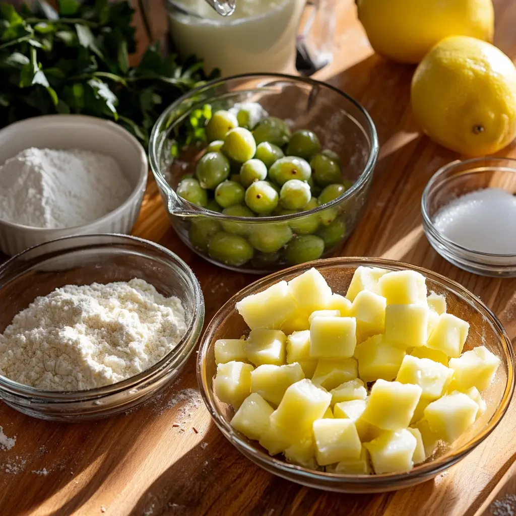 Key ingredients for a delicious gooseberry pie, including fresh or frozen gooseberries, sugar, lemon juice, cornstarch, butter, and a prepared pie crust.