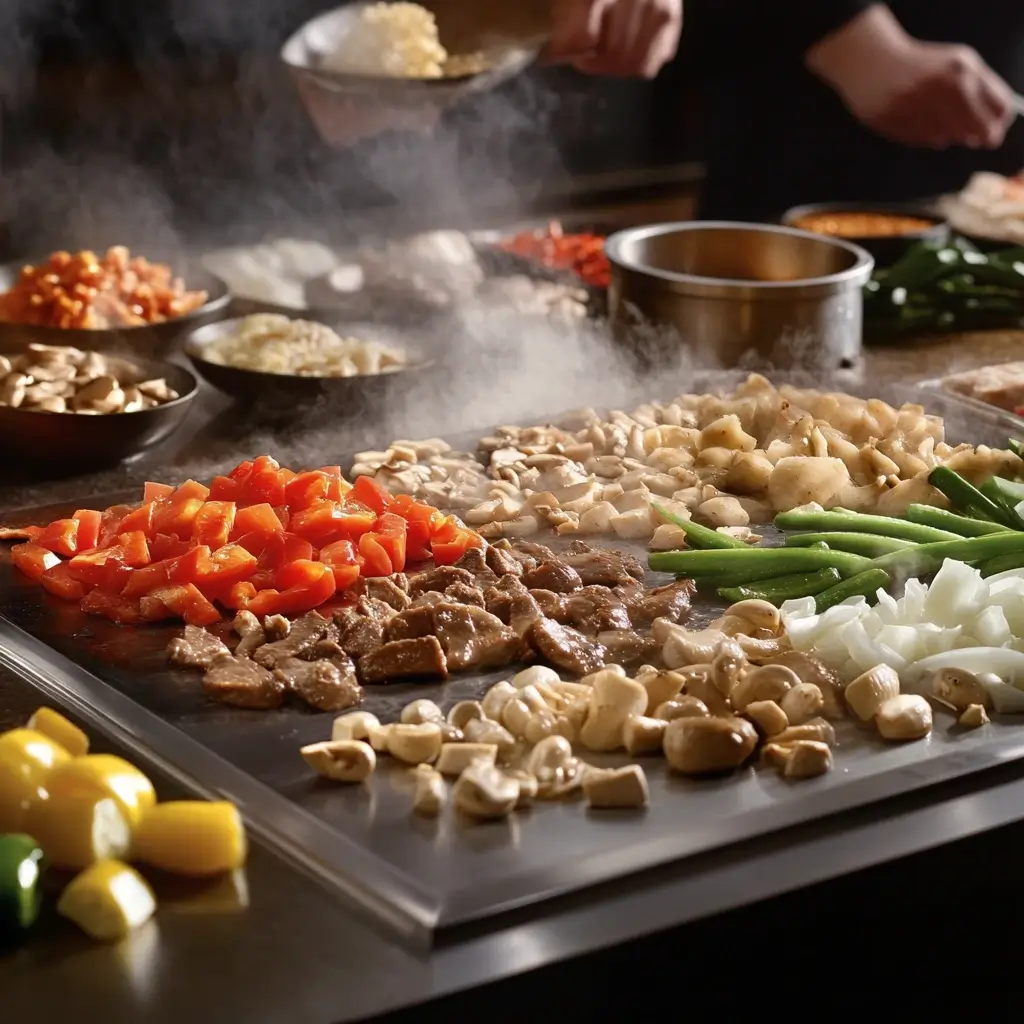 A Mongolian Grill with fresh ingredients like meats, vegetables, and noodles on a hot grill, ready for stir-frying, served at a Mongolian barbecue restaurant.