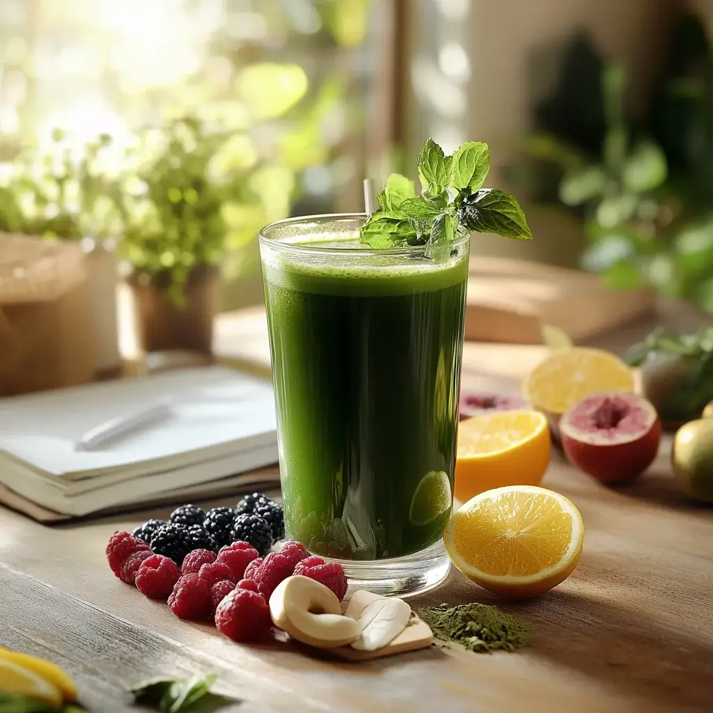 Various natural energy drinks made with fresh fruits, green tea, coconut water, and adaptogens displayed on a table, showcasing their health benefits.