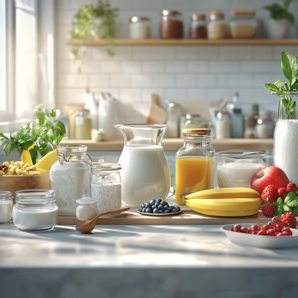 Fresh yogurt, milk, fruit, honey, and ice cubes on a wooden table.