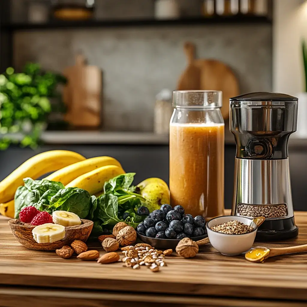 Energy drink smoothies with fruits, protein, caffeine, and nutrients blended for a refreshing boost, served in glasses.