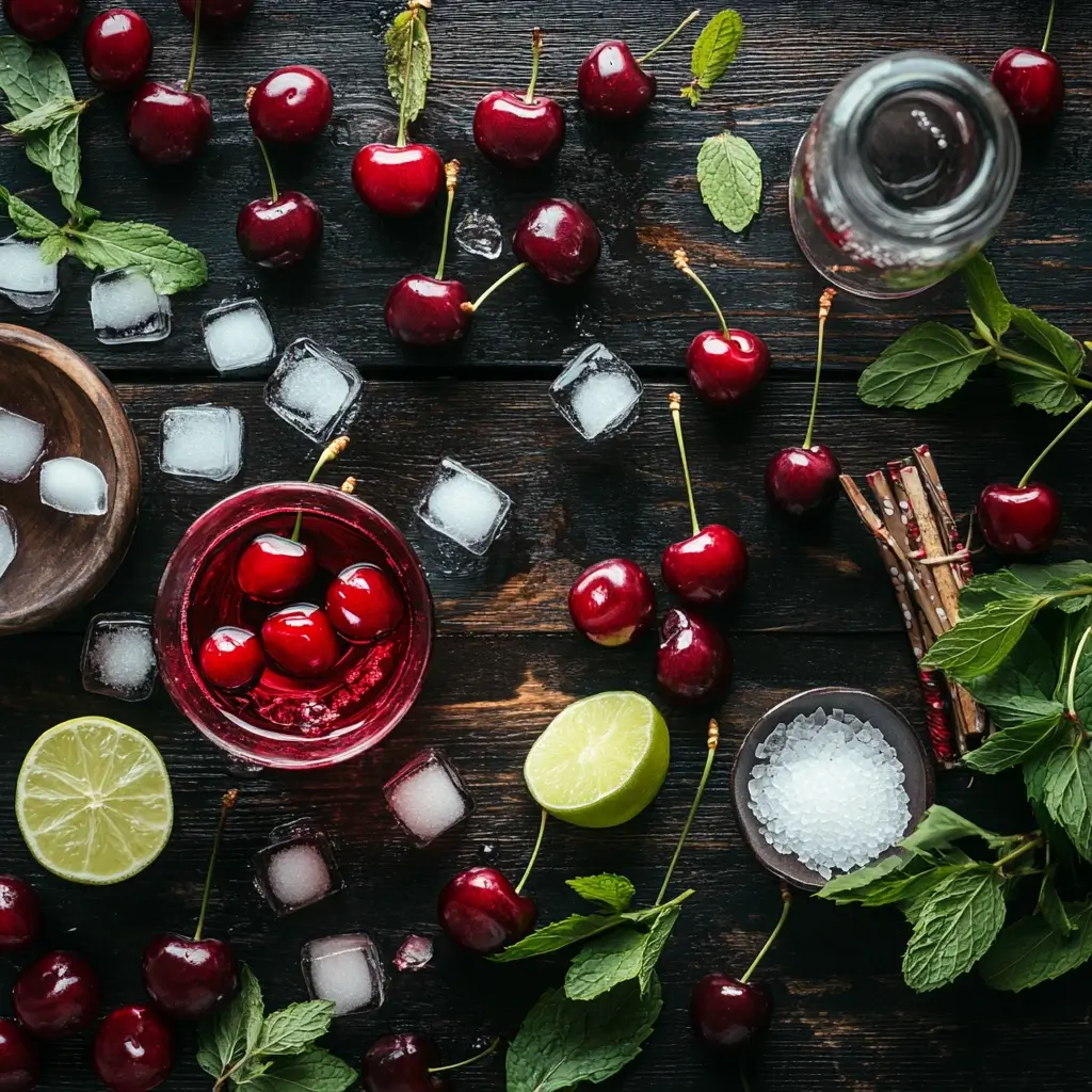 Essential ingredients for a delicious cherry mocktail, including fresh cherries, lemon juice, sparkling water, honey or natural sweeteners, and ice, arranged on a countertop.