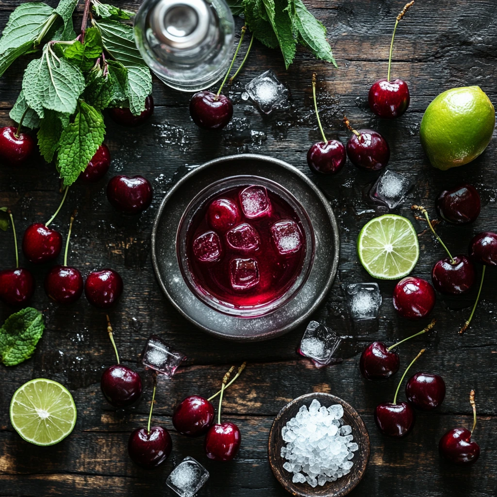 Key ingredients for a cherry mocktail, featuring fresh cherries, lime juice, sparkling water, honey, and ice, elegantly displayed on a wooden bar counter.