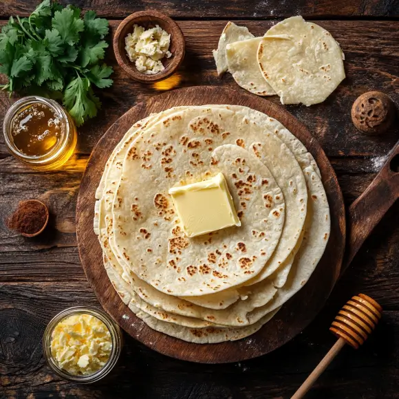 Key ingredients for a perfect tortilla recipe with butter: flour, butter, water, salt, and baking powder.