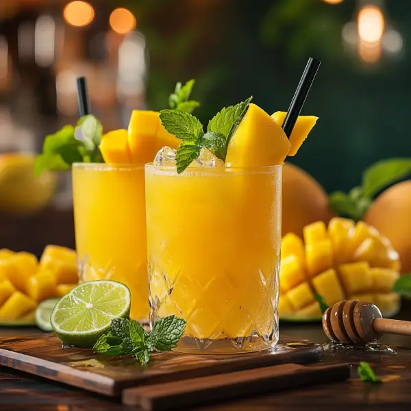 Ingredients for a mango mocktail, including fresh mangoes, lime and orange juice, sparkling water, honey, mint leaves, and lime wedges, arranged on a wooden counter.