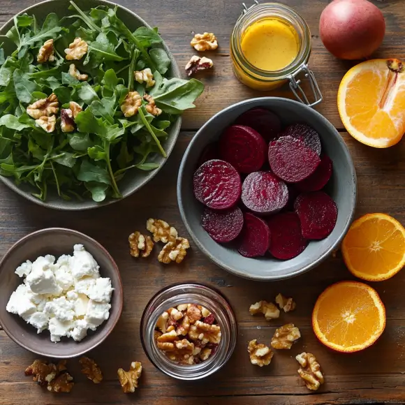 Ingredients for the Balthazar beet salad, including fresh roasted beets, goat cheese, arugula, candied walnuts, and a balsamic glaze.