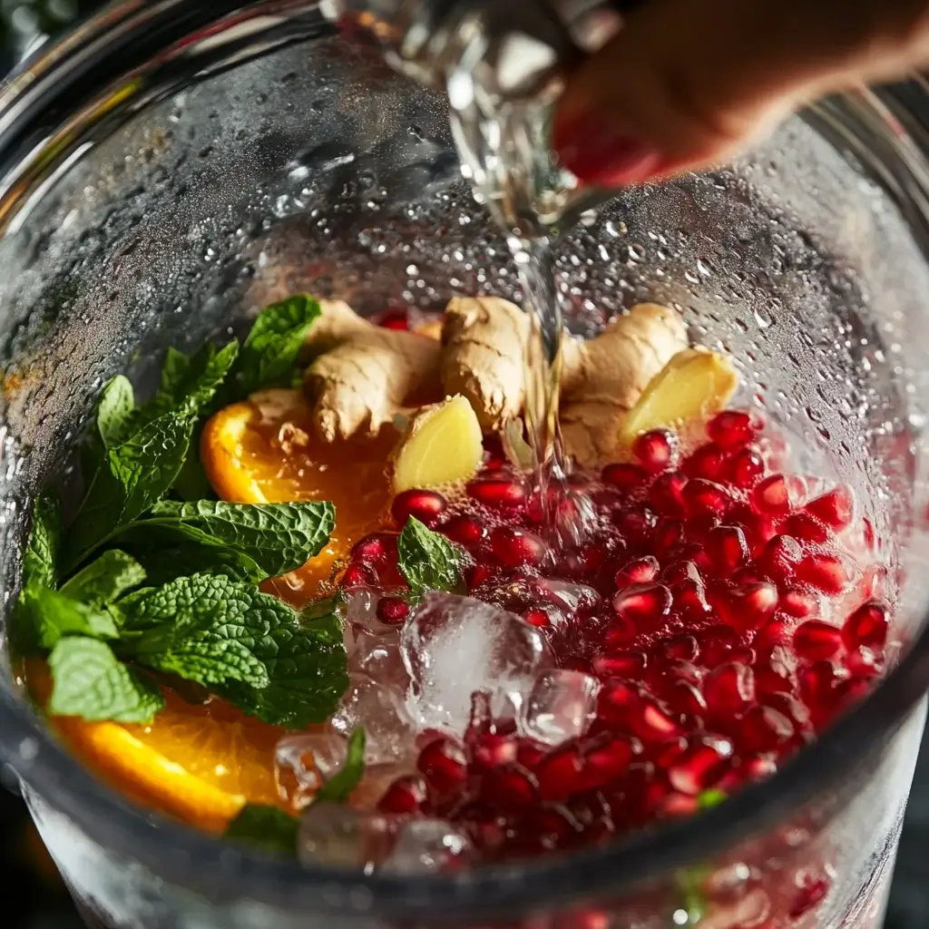 Step-by-step preparation of an Eastern Promise mocktail, featuring pomegranate juice, lime, mint leaves, and sparkling water, served in a glass with a mint garnish.