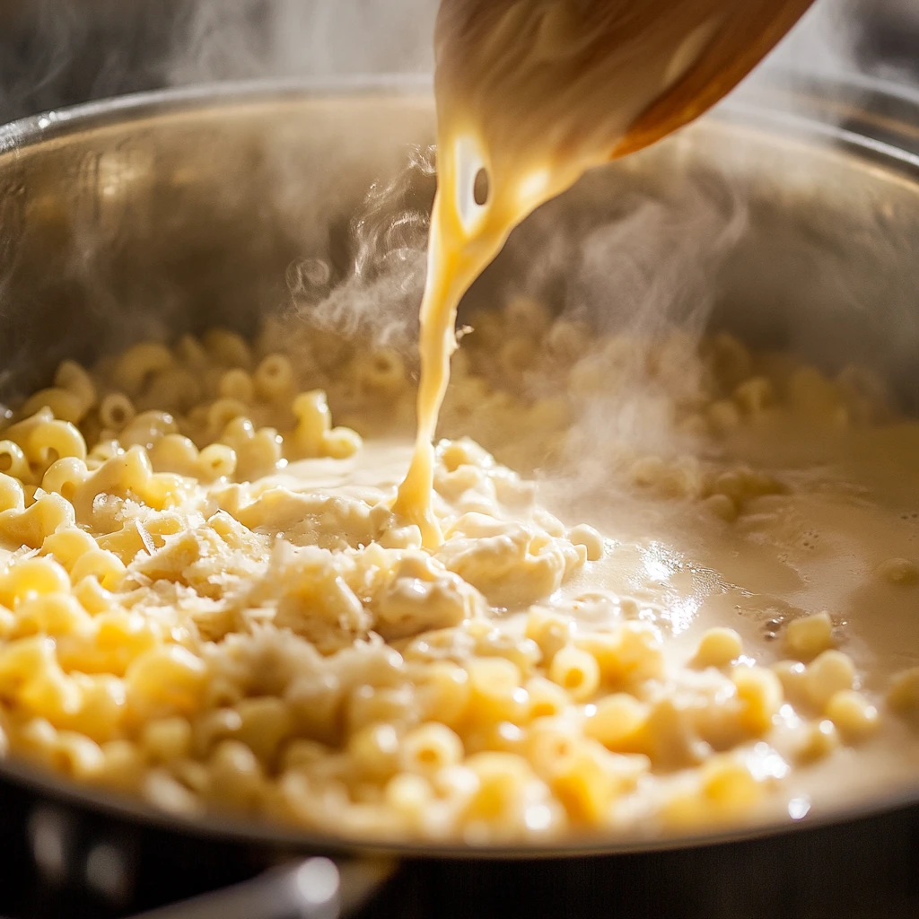 Step-by-step preparation of Tini's mac and cheese: cooking elbow macaroni, making a creamy cheese sauce in a skillet, and mixing the pasta with the sauce for a rich and flavorful dish.